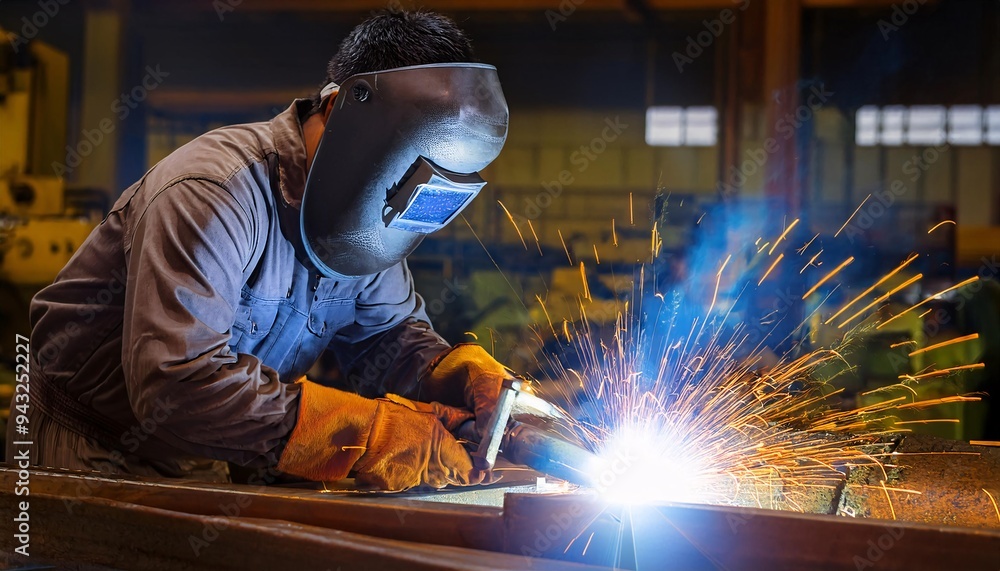 Welder at work. Welder working in industrial setting with sparks flying. Welder at work. Welder working in industrial setting with sparks flying.