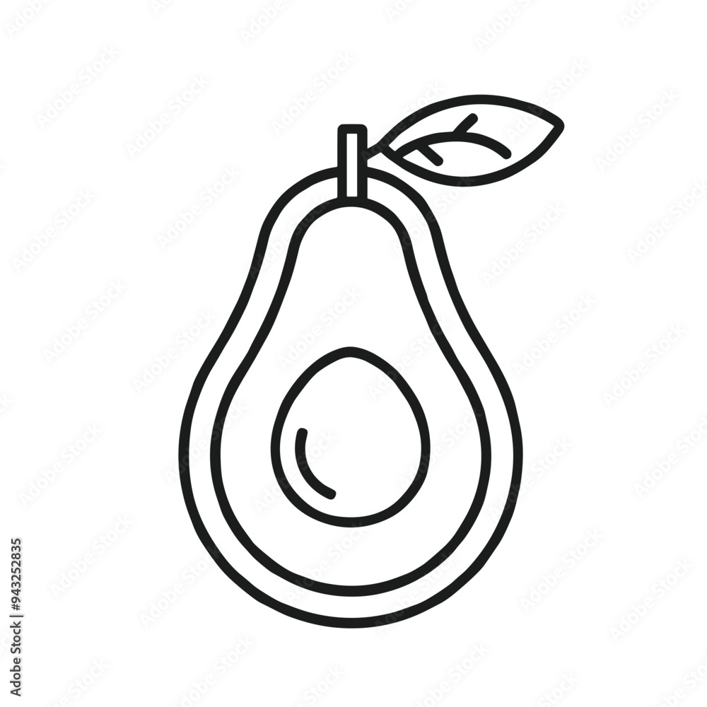 A simple black line design illustrates a halved avocado showcasing its seed and a leaf, suitable for food-related graphics in various contexts A simple black line design illustrates a halved avocado showcasing its seed and a leaf, suitable for food-related graphics in various contexts