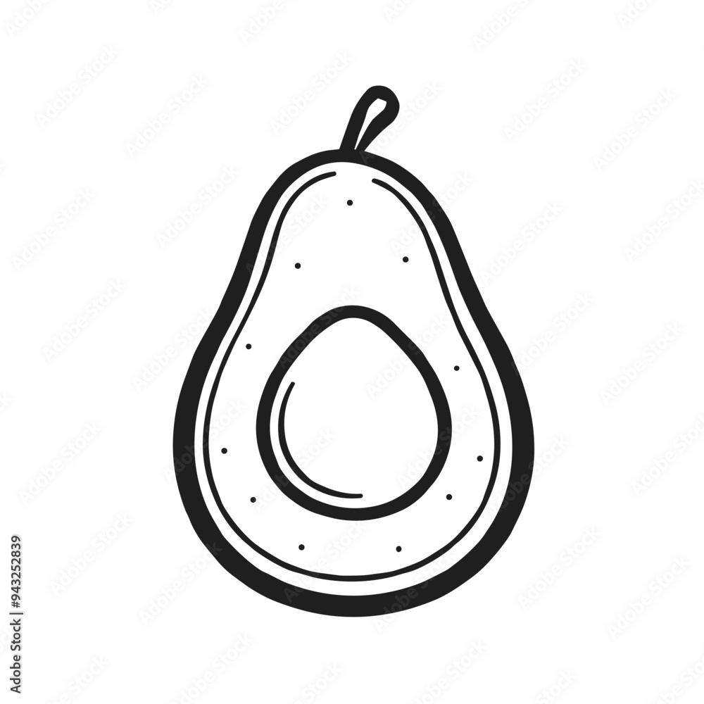 A simple black line drawing showcases a halved avocado, emphasizing its smooth texture and large seed, illustrating healthy food choices