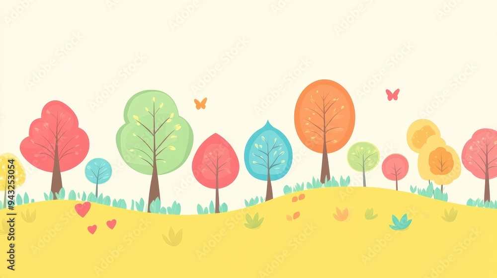 Illustration of colorful trees on yellow hill with butterflies Illustration of colorful trees on yellow hill with butterflies