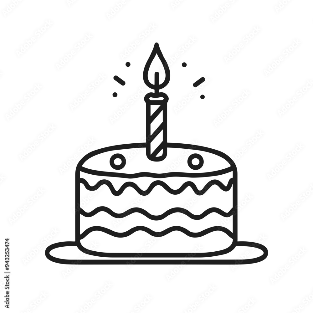 A festive design featuring a simple line drawing of a birthday cake topped with a lit candle, representing a joyful celebration and special moments A festive design featuring a simple line drawing of a birthday cake topped with a lit candle, representing a joyful celebration and special moments