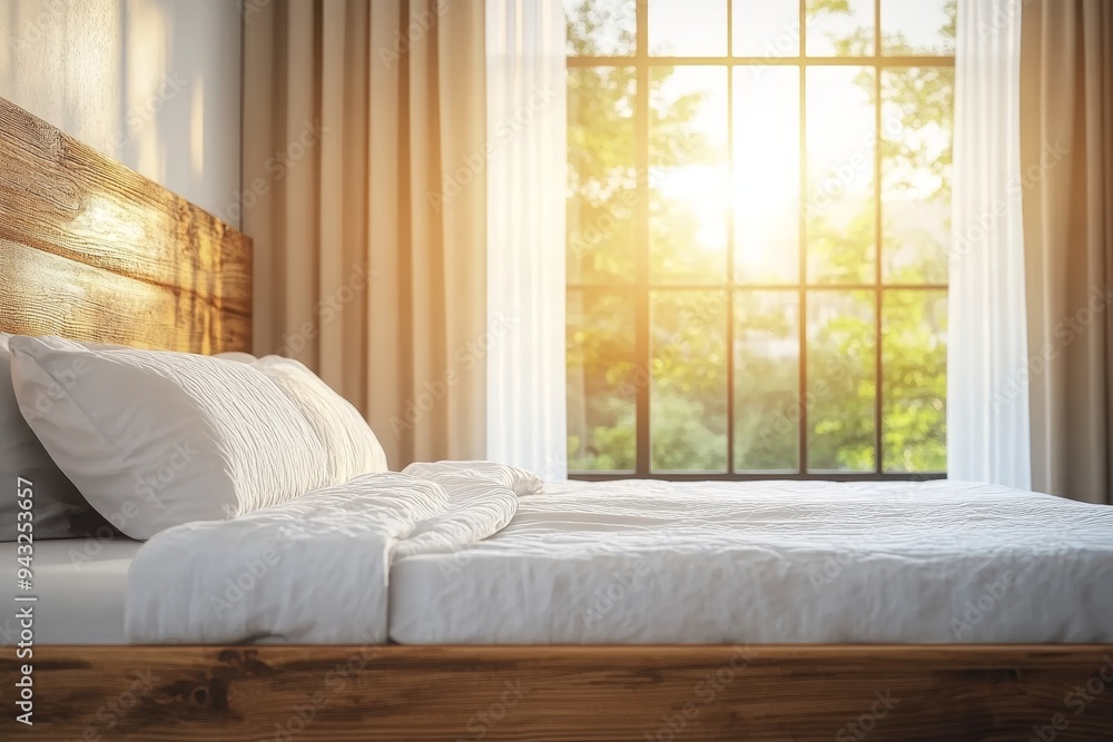 Cozy Bedroom Interior Sunlit Room With Wooden Bed And White Bedding, Peaceful Morning Ambiance Cozy Bedroom Interior Sunlit Room With Wooden Bed And White Bedding, Peaceful Morning Ambiance