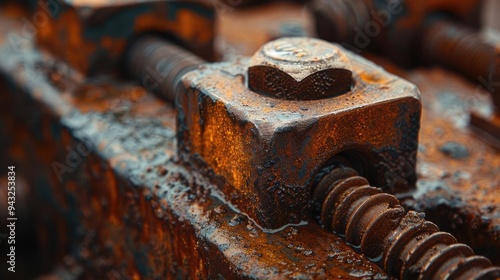 Close-up of rusty metal screw. This image represents the effects of time and wear on industrial objects.