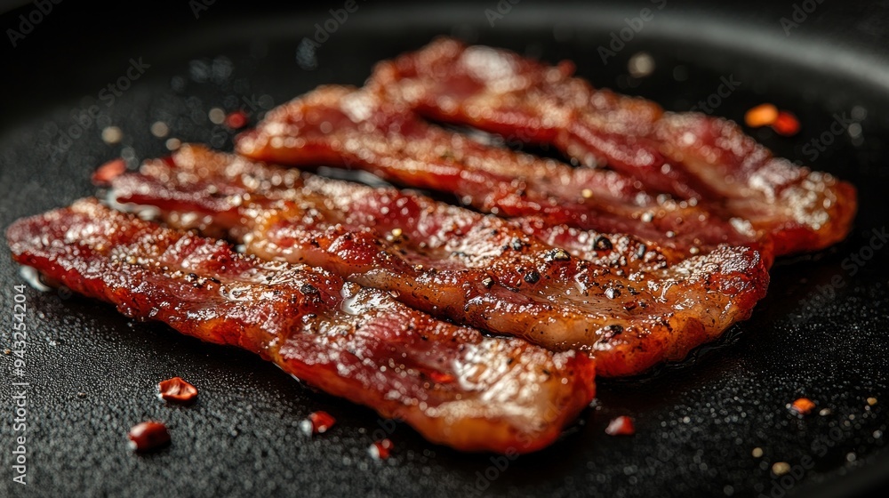 Crispy Bacon Strips on a Black Pan Crispy Bacon Strips on a Black Pan