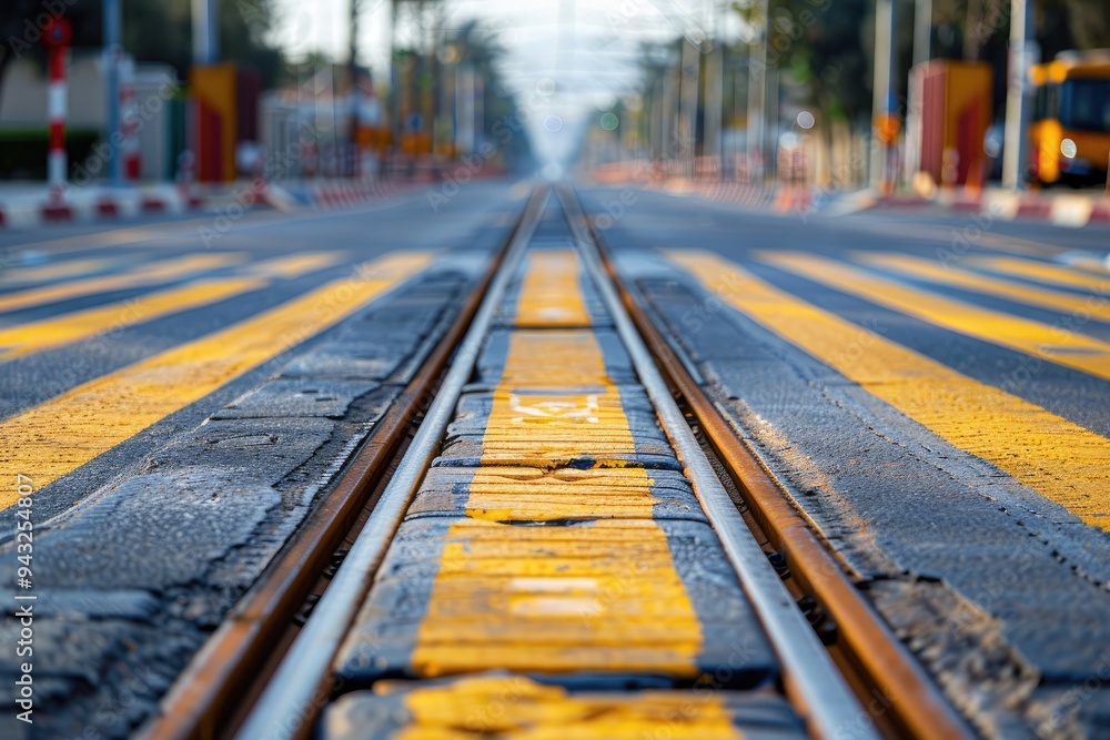 Close-up shot of a railroad crossing. The image shows the yellow and black markings on the asphalt. This image can be used to represent traffic, safety, or transportation. Close-up shot of a railroad crossing. The image shows the yellow and black markings on the asphalt. This image can be used to represent traffic, safety, or transportation.