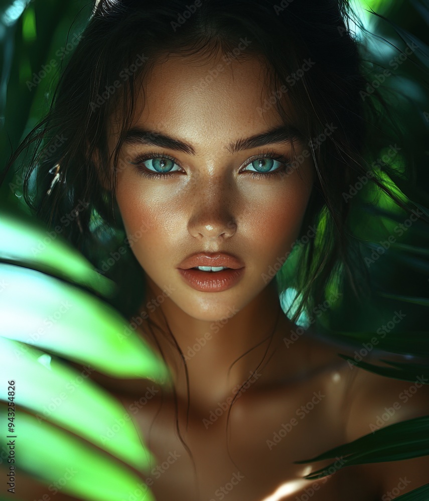 Portrait of young woman with pouty lips and perfect glowing skin surrounded by lush tropical plants, trees, palmas leaves, branch. Natural beauty and cosmetic treats. Portrait of young woman with pouty lips and perfect glowing skin surrounded by lush tropical plants, trees, palmas leaves, branch. Natural beauty and cosmetic treats.