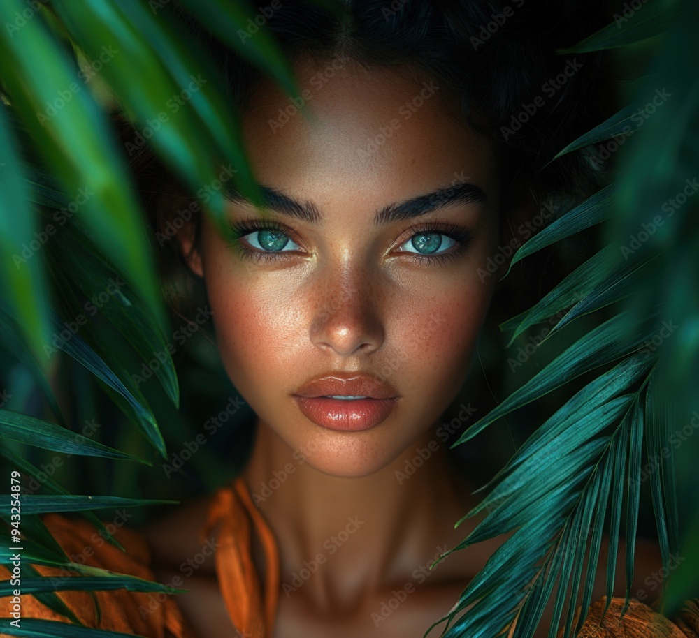Portrait of young woman with pouty lips and perfect glowing skin surrounded by lush tropical plants, trees, palmas leaves, branch. Natural beauty and cosmetic treats. Portrait of young woman with pouty lips and perfect glowing skin surrounded by lush tropical plants, trees, palmas leaves, branch. Natural beauty and cosmetic treats.