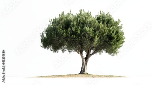 cypress tree on a white background. Cypress tree on a white background. A solitary tree with a dense canopy stands on a grassy mound against a minimal photo