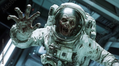 A close-up of a zombie astronaut reaching out towards the viewer, with a cracked helmet and decaying flesh visible inside