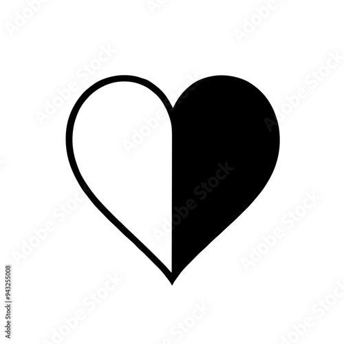 A simple heart graphic features a unique design with one half colored white and the other half black, symbolizing the balance of opposites and connection
