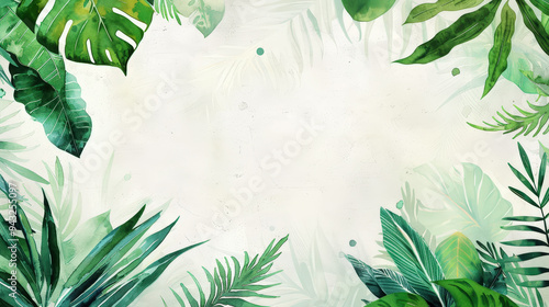 Aesthetic watercolor frame with green tropical leaves, copy space, light background, foliage template. Generative AI