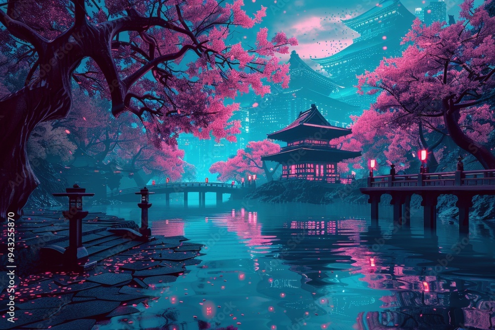 Obraz premium spring atmosphere, beautiful cherry tree views, romantic, exotic. AI-generated. Beautiful simple AI generated image