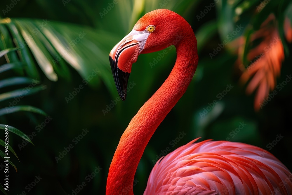 Fototapeta premium Vibrant Close-Up of Flamingo with Lush Green Tropical Background in a Bright Setting
