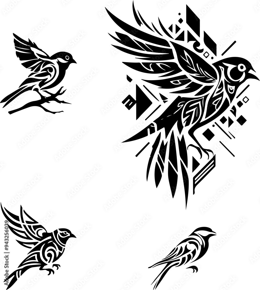 Bird tit in flight in profile as outline ornament for tattoo. Vector set of monochrome sketches on transparent background Bird tit in flight in profile as outline ornament for tattoo. Vector set of monochrome sketches on transparent background