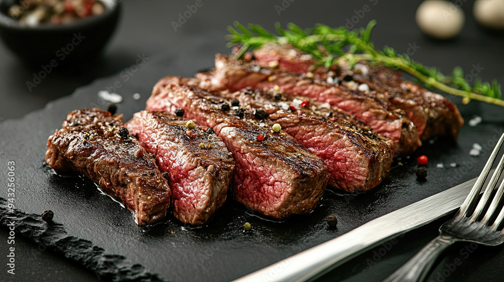 Sliced medium rare steak with herbs and spice in black plate food photography concept. Sliced medium rare steak with herbs and spice in black plate food photography concept.
