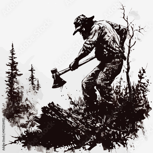 A rugged black-and-white ink drawing of a woodsman chopping a tree, showcasing strength, resilience, and the raw beauty of nature and outdoor life.