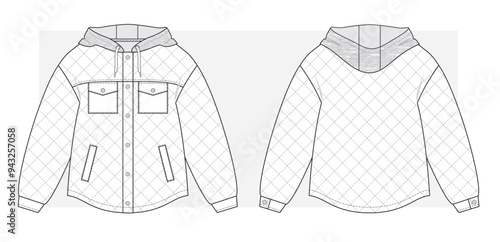 Quilted Oversize jacket with terry melange hood. Technical scketch. Vector illustration.