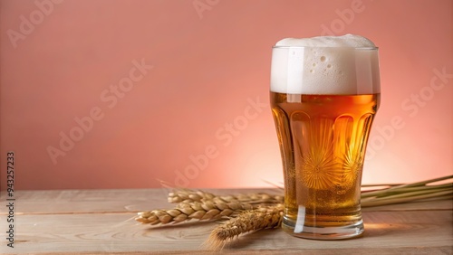 Glass of Beer with Wheat on Wooden Table Against Pink Background