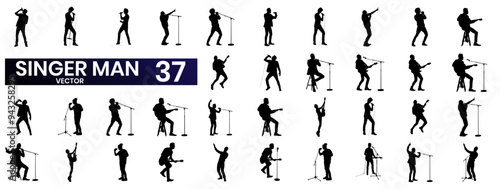 Popular singer super star vector silhouette illustration set. Attractive music artist on stage. The singer is the musician against the public in concert. Microphone in hand.