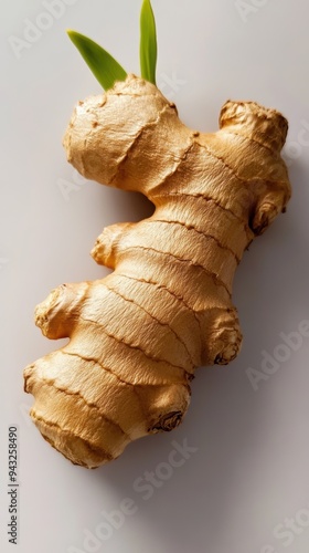 Golden Fresh Ginger Root with Green Sprouts on Light Background