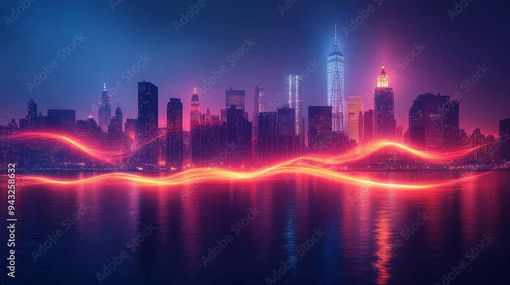 Fototapeta premium The New York City skyline glows with colorful lights at night, while bright trails of light ripple across the water.