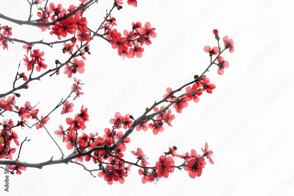 Cherry blossom branch with bright red flowers on white background Cherry blossom branch with bright red flowers on white background