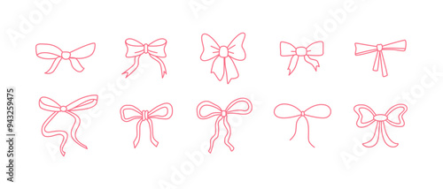 Outline coquette girly bows and ribbons. Y2k glamour style. Retro line art, contour, sketch. Romantic doodles. Bows for present, gift or hair accessory. Vector isolated on white.