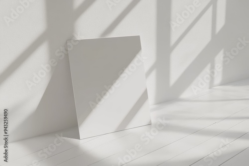 The mockup shows a white poster or photo frame leaning against the wall of a room in a minimalist and clean way with shadows