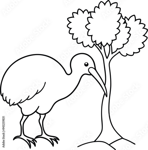 Kiwi bird with long beak foraging near tree perfect for kids coloring book fun and educational line art illustration
