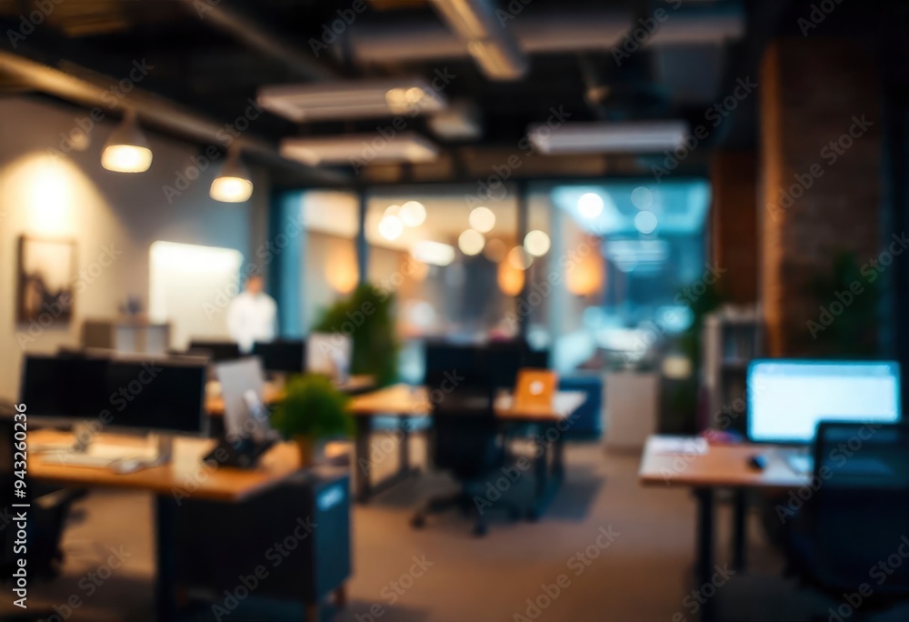 At night beautiful Abstract blurred office interior room. blurry working space with defocused effect, ai At night beautiful Abstract blurred office interior room. blurry working space with defocused effect, ai