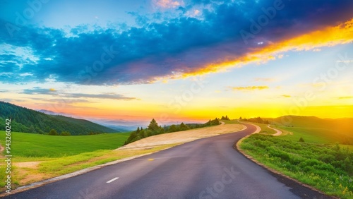 Asphalt road square and green mountain with sky clouds natural landscape at sunrise