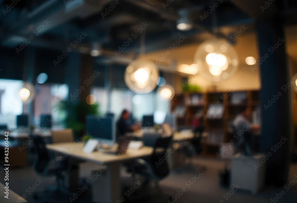 Obraz premium At night beautiful Abstract blurred office interior room. blurry working space with defocused effect, ai