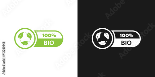 100% bio vector logo design. Bio product icon, sign, stickler or badge for food. Healthy organic food. Green sticker with leaves. Nature concept