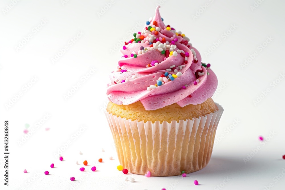 Pink cupcake with frosting and colorful sprinkles Pink cupcake with frosting and colorful sprinkles