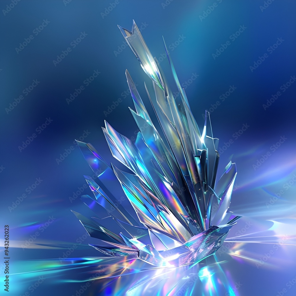 Fototapeta premium Stunning Abstract Crystal Formation: Sharp, Reflective Shards in Iridescent Blues and Purples Create a Mesmerizing Display of Light and Color in High-Resolution Art