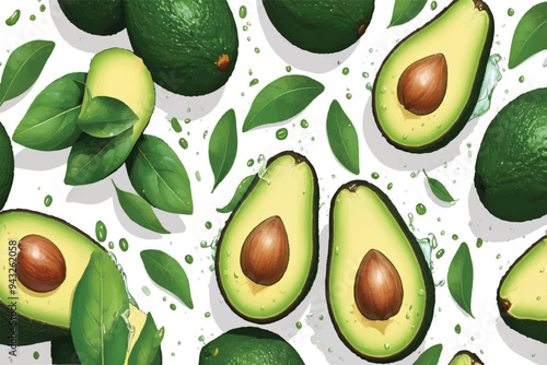 Avocado and green leaves pattern on green background. Top View. Pop Art design, creative summer food concept. Green avocadoes, eco and