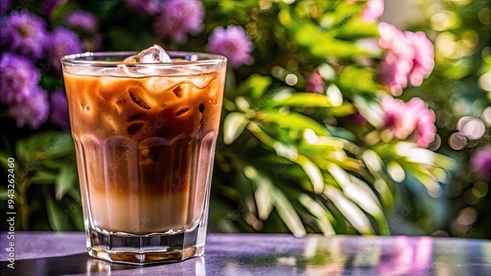 Iced Coffee with Milk and Ice Cubes in a Glass on a Table in Front of a Garden Iced Coffee with Milk and Ice Cubes in a Glass on a Table in Front of a Garden