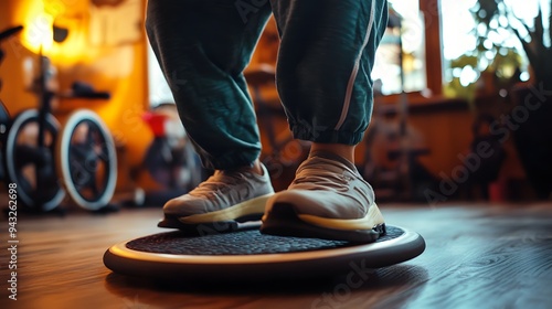 Inclusive fitness and wellness.  A person balances on a wobble board in a home gym setting, emphasizing fitn photo