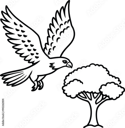 Hawk soaring near a tree with wings spread wide perfect for kids coloring book fun and creativity
