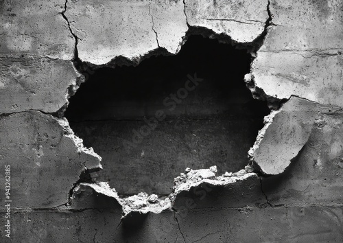 Large hole in a cracked concrete wall with dark smoke emerging from the opening Generative AI