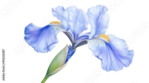 iris flower. Iris floweron a white background. A delicate and beautifully detailed illustration of a blue iris flower, showcasing its intricate petals photo