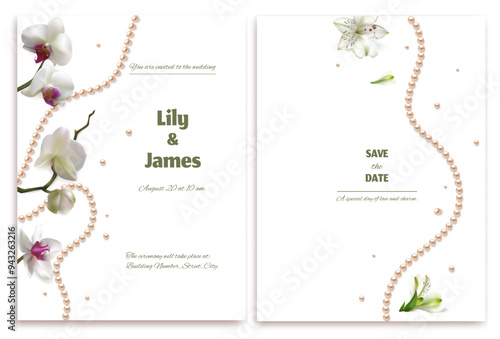 White orchids. Beautiful exotic flowers. Tropical background. Petals. Flower pattern. Pearls. Jewelry. Lilies. Wedding invitation.