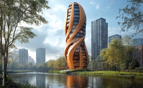Tall residential tower, business centre in modern architectural style with fluid like facade, bio-design on riverside, river embankment in summer city
