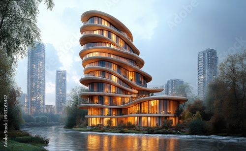 Tall hotel building, business centre in modern architectural style with fluid like facade, bio-design on riverside, river embankment in the foggy city