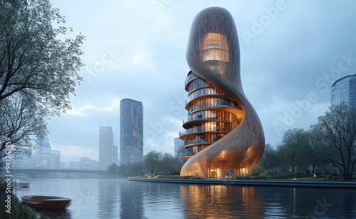 Tall residential tower, business centre in modern architectural style with fluid like facade, bio-design on riverside, river embankment in the foggy city