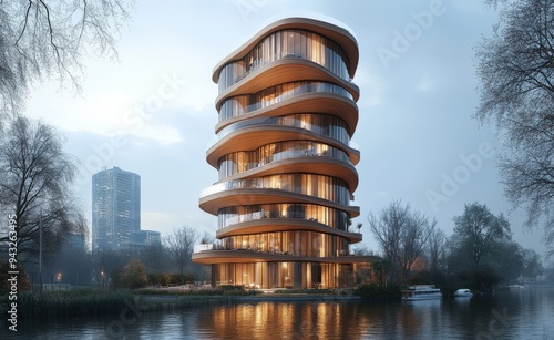 Tall hotel building, business centre in modern architectural style with fluid like facade, bio-design on riverside, river embankment in the foggy city