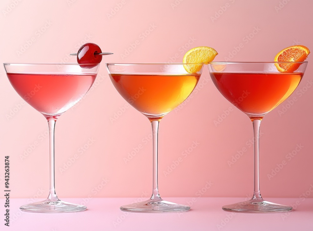 Cocktails of different colors in martini glasses and with berry decoration on the edge of the glasses Cocktails of different colors in martini glasses and with berry decoration on the edge of the glasses