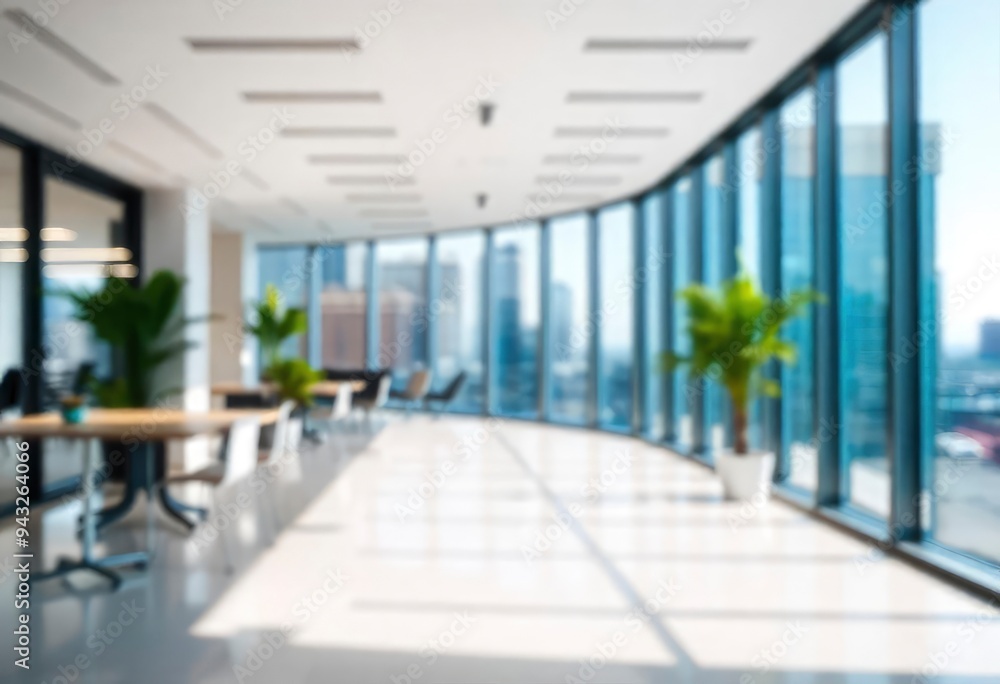 Beautiful blurred background of a light modern office interior with panoramic windows and beautiful lighting, ai Beautiful blurred background of a light modern office interior with panoramic windows and beautiful lighting, ai