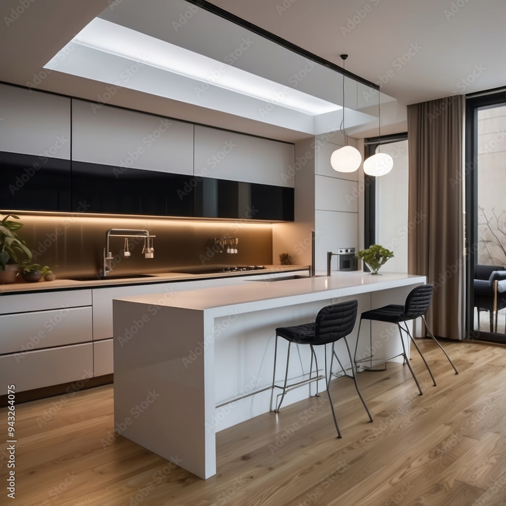 Modern Kitchen Island with Black Stools and Pendant Lights Modern Kitchen Island with Black Stools and Pendant Lights
