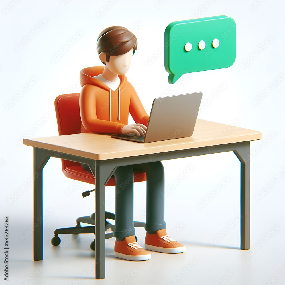 3D illustration of boys sitting at a desk with a laptop 3D illustration of boys sitting at a desk with a laptop